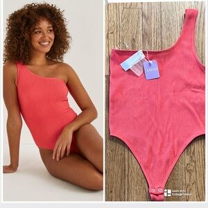 Pink Coral One Sleeve Slinky Fit Ribbed Thong Bodysuit NWT